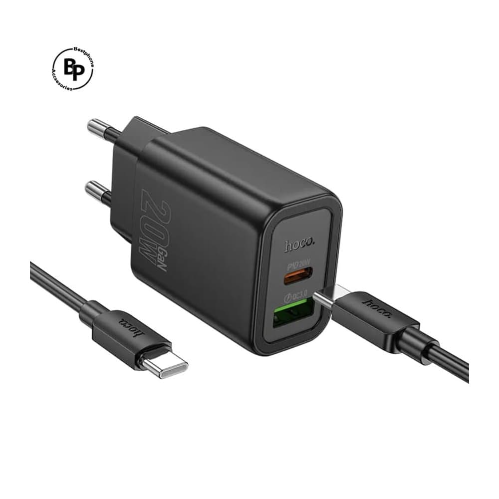 Зарядно устройство комплект HOCO N61, 20W, 3A, 1x USB-C 1x USB-A + кабел USB-C - USB-C - Черно