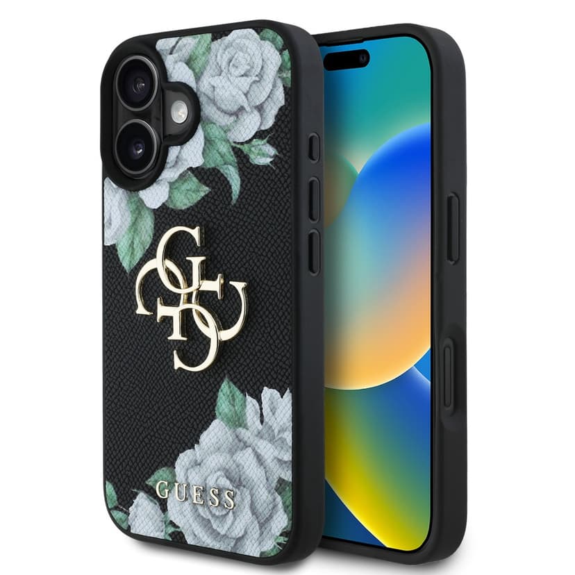 Оригинален кейс Guess Grained PU Roses and Big 4G Logo за iPhone 16 – Черен