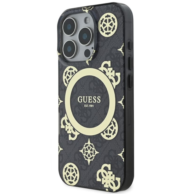 Оригинален кейс Guess MagSafe IML Peony on 4G Background за iPhone 15 Pro Max – Черен