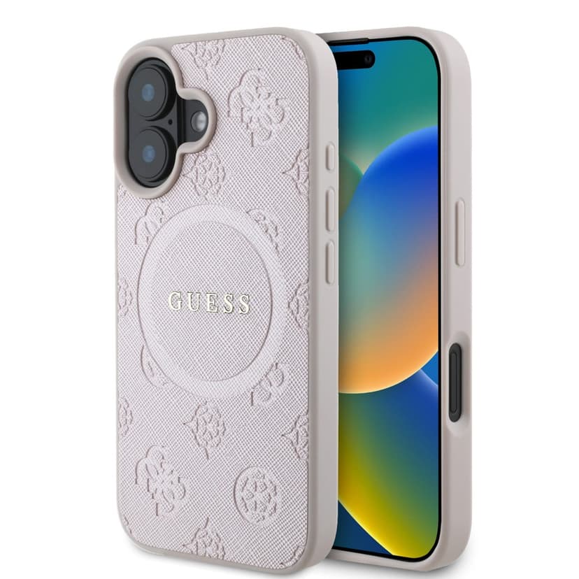 Оригинален кейс Guess MagSafe Saffiano Peony Classic Logo за iPhone 16 – Розов