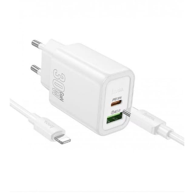 Зарядно устройство HOCO N63 Gentle GaN 30W в комплект с кабел Type-C към Type-C (1 метър) – Бяло