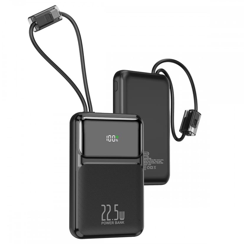 Външна батерия Power Bank WUW Y158 10,000mAh 22.5W с вградени Type-C и Lightning кабели – Черна