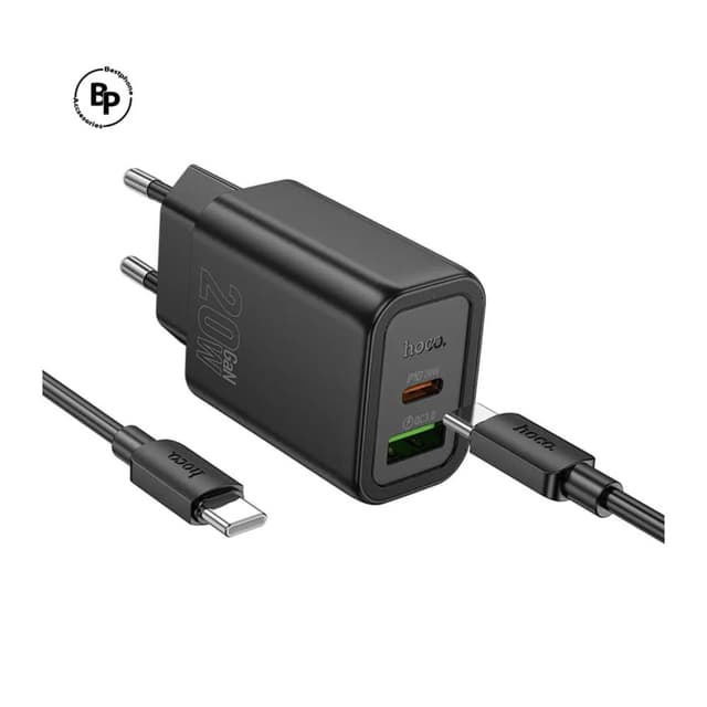 Зарядно устройство комплект HOCO N61, 20W, 3A, 1x USB-C 1x USB-A + кабел USB-C - USB-C - Черно