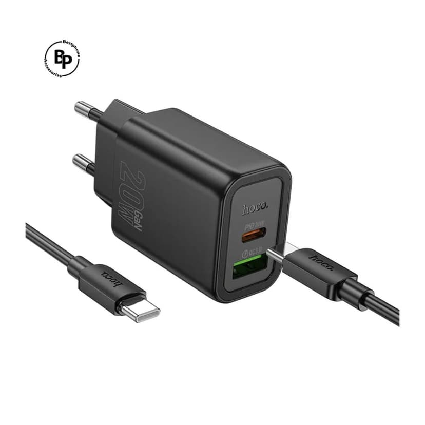 Зарядно устройство комплект HOCO N61, 20W, 3A, 1x USB-C 1x USB-A + кабел USB-C - USB-C - Черно