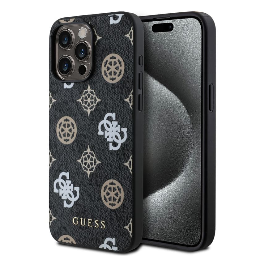 Оригинален кейс Guess MagSafe PU Peony on 4G Background за iPhone 15 Pro – Черен