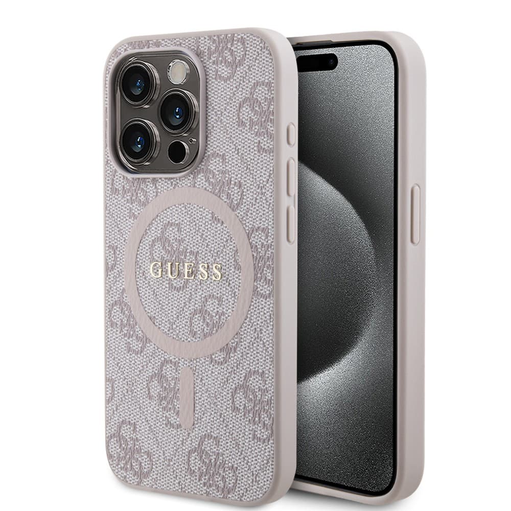 Оригинален кейс Guess MagSafe PU 4G Ring Classic Logo за iPhone 15 Pro – Розов