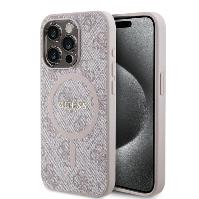 Оригинален кейс Guess MagSafe PU 4G Ring Classic Logo за iPhone 15 Pro – Розов