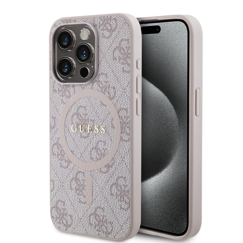 Оригинален кейс Guess MagSafe PU 4G Ring Classic Logo за iPhone 15 Pro – Розов