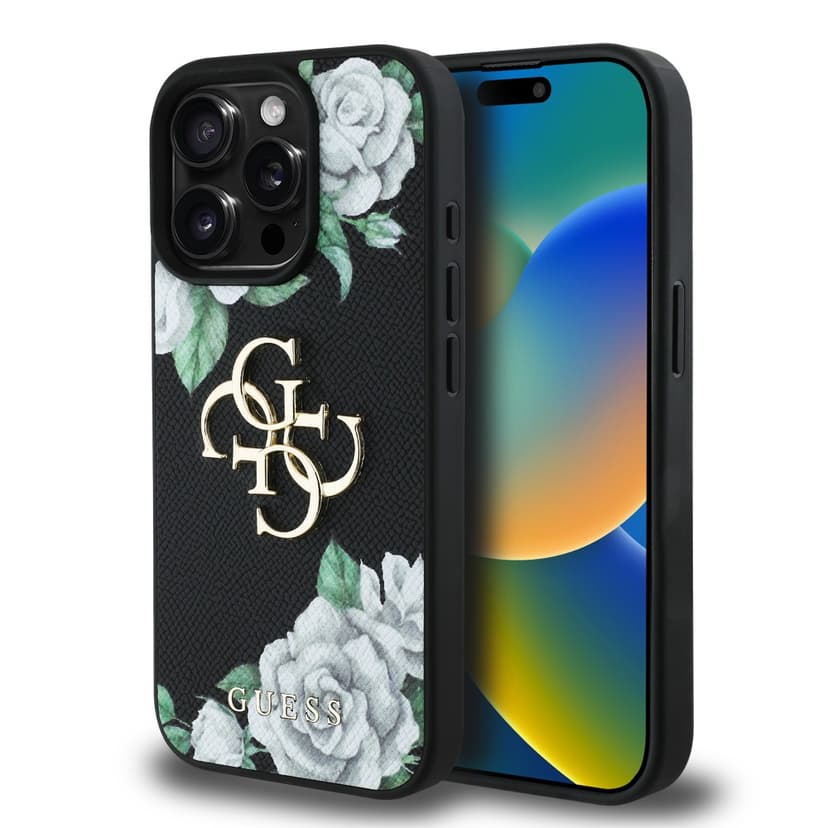Оригинален кейс Guess Grained PU Roses and Big 4G Logo за iPhone 15 Pro Max – Черен