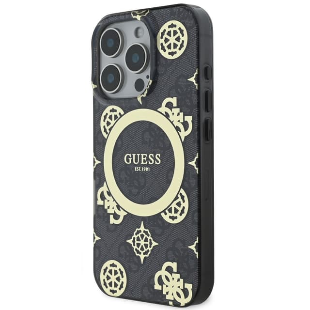 Оригинален кейс Guess MagSafe IML Peony on 4G Background за iPhone 15 Pro Max – Черен