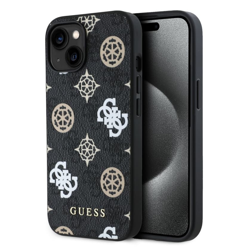 Оригинален кейс Guess MagSafe PU Peony on 4G Background за iPhone 15 – Черен