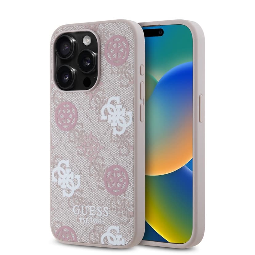 Оригинален кейс Guess MagSafe PU Peony on 4G Background за iPhone 15 Pro – Розов