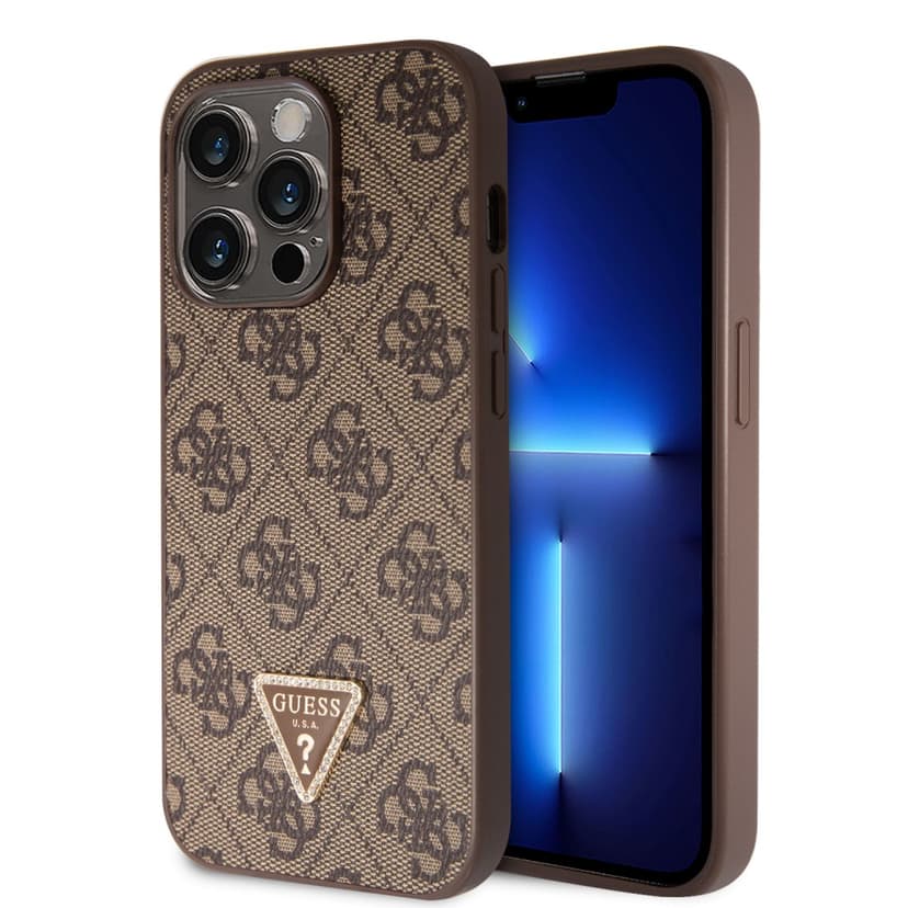 Оригинален кейс Guess PU Leather 4G Logo Strass за iPhone 14 Pro – Кафяв