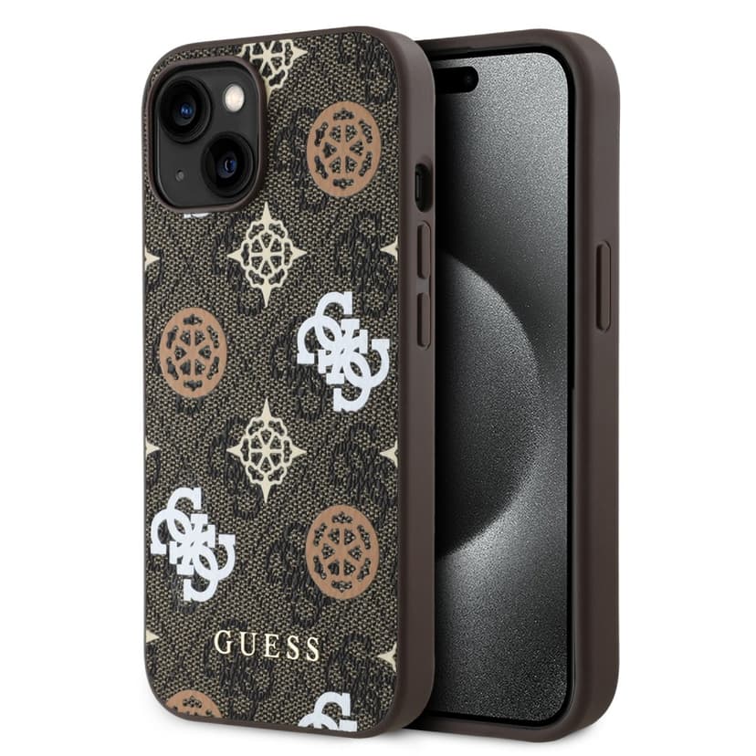 Оригинален кейс Guess MagSafe PU Peony on 4G Background за iPhone 15 – Кафяв