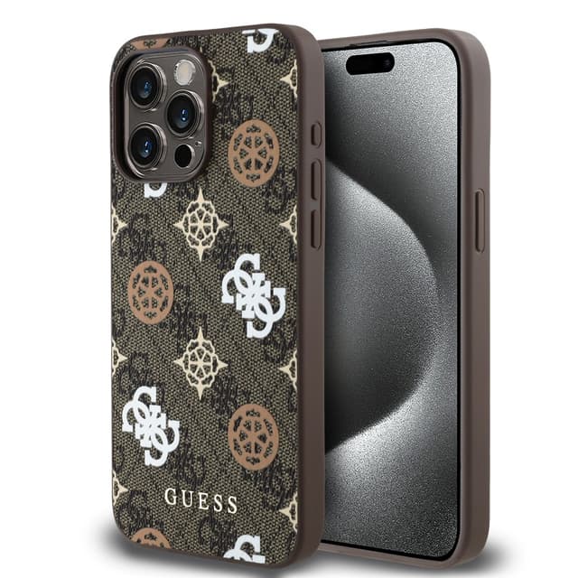 Оригинален кейс Guess MagSafe PU Peony on 4G Background за iPhone 15 Pro – Кафяв