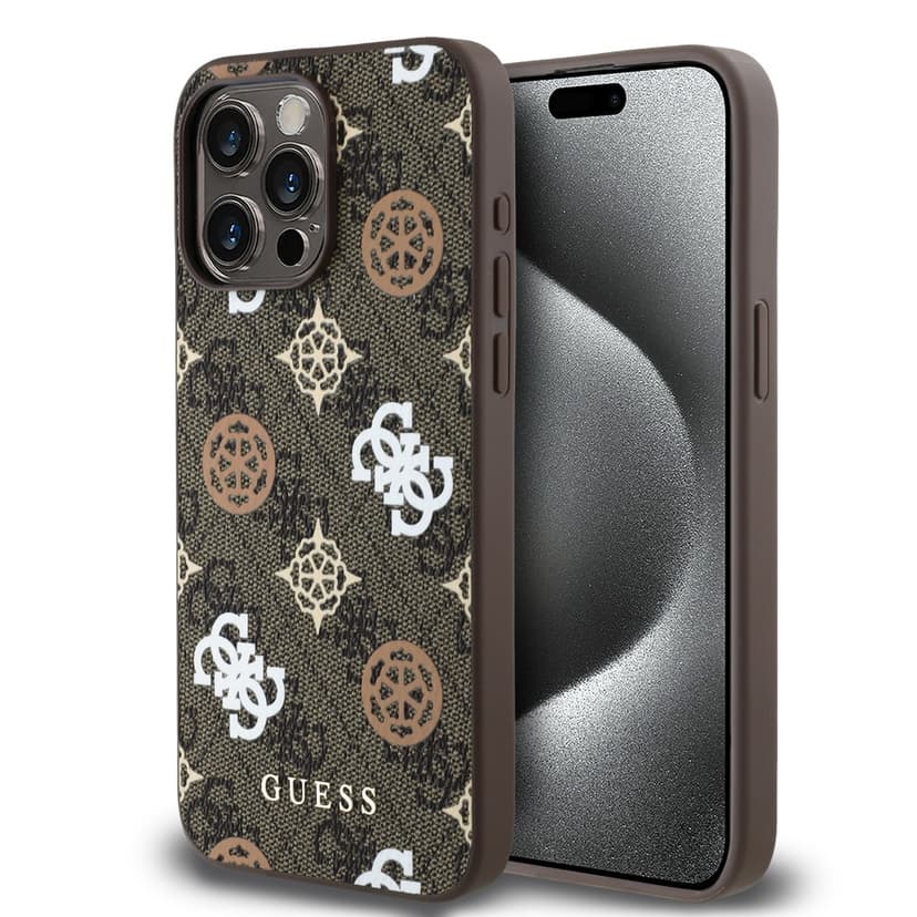 Оригинален кейс Guess MagSafe PU Peony on 4G Background за iPhone 15 Pro – Кафяв