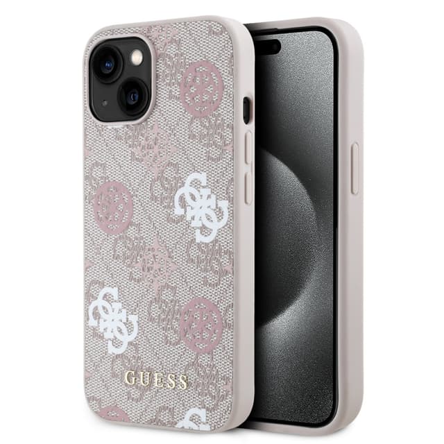 Оригинален кейс Guess MagSafe PU Peony on 4G Background за iPhone 15 – Розов