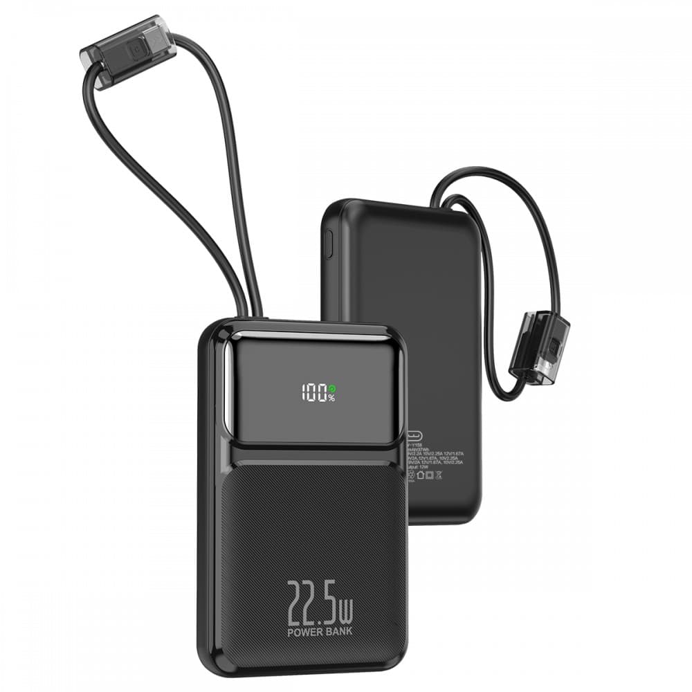 Външна батерия Power Bank WUW Y158 10,000mAh 22.5W с вградени Type-C и Lightning кабели – Черна